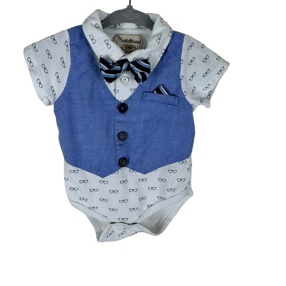 Beetle & Thread Glasses Pattern Cotton One-Piece Bowtie Vest Snaps Sz 6-9 Months - Picture 1 of 7